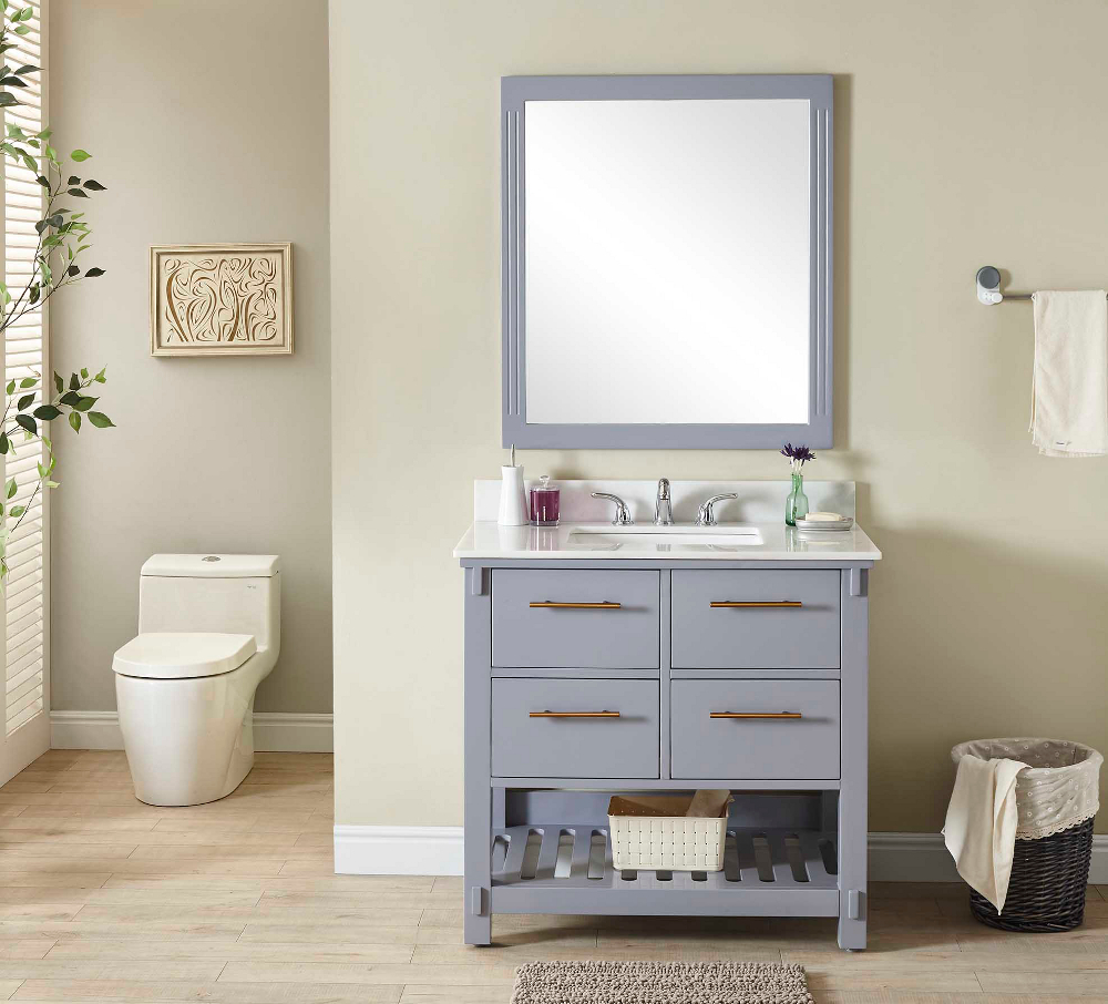 36" Single Sink Bathroom Vanity in Grey Finish with Arctic Pearl Quartz Marble Top- No Faucet