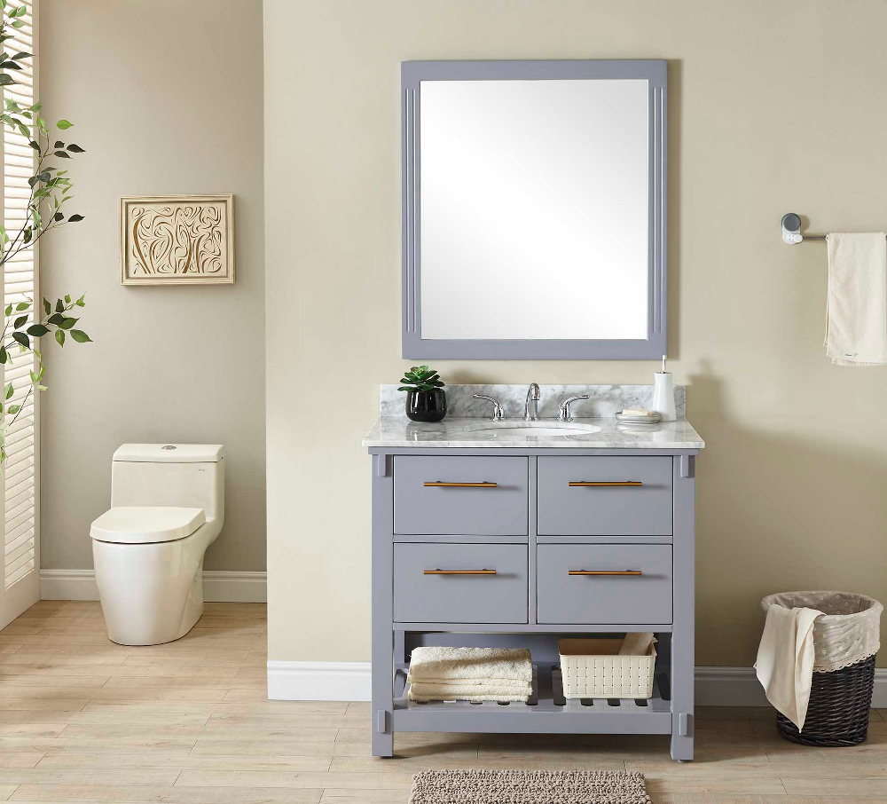 36" Single Sink Bathroom Vanity in Grey Finish with Carrara White Marble Top- No Faucet