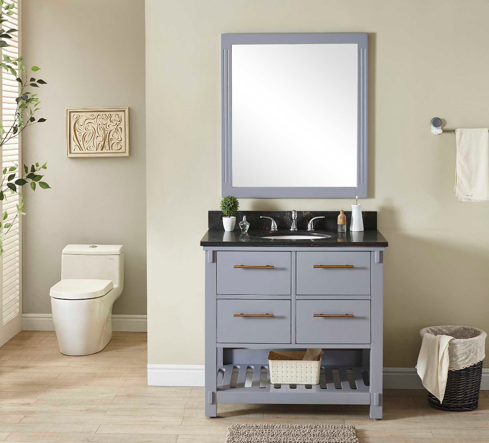 36" Single Sink Bathroom Vanity in Grey Finish with Limestone Top- No Faucet