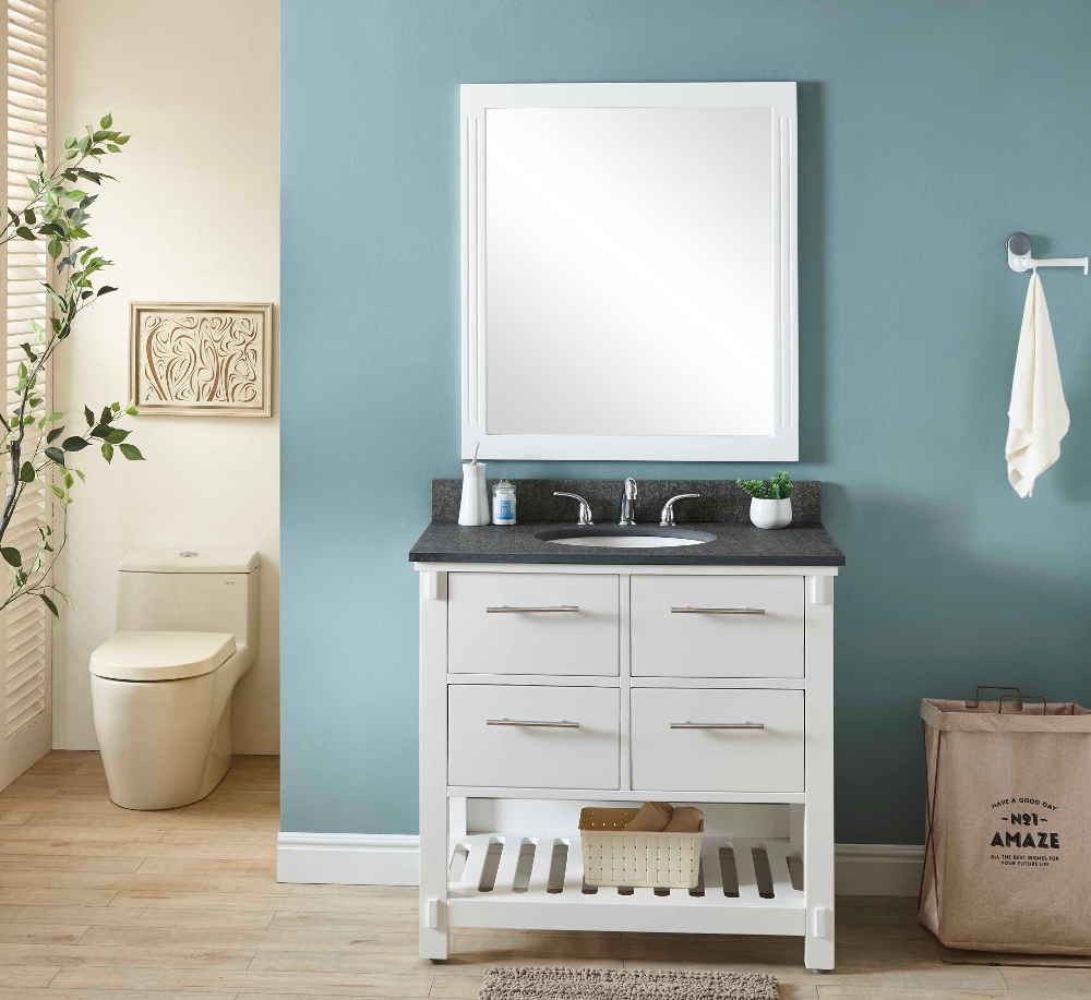 36" Single Sink Bathroom Vanity in White Finish with Polished Textured Surface Granite Top - No Faucet