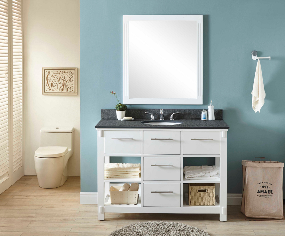 48" Single Sink Bathroom Vanity in White Finish with Polished Textured Surface Granite Top - No Faucet