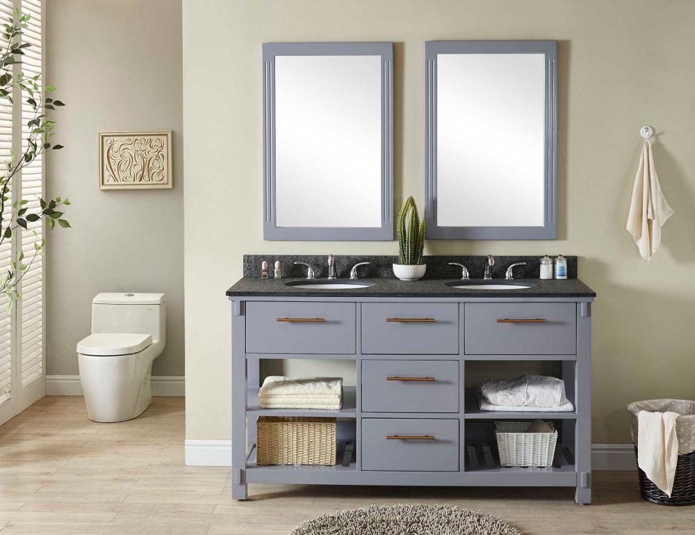 60" Double Sink Bathroom Vanity in Grey Finish with Polished Textured Surface Granite Top - No Faucet