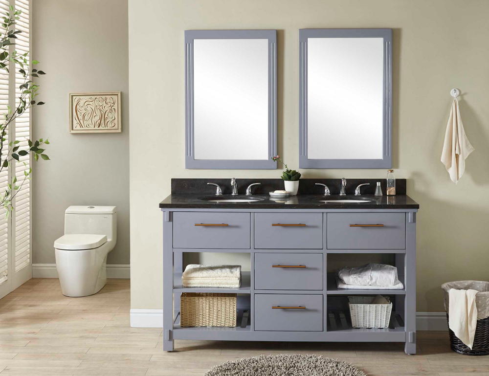 60" Double Sink Bathroom Vanity in Grey Finish with Limestone Top - No Faucet