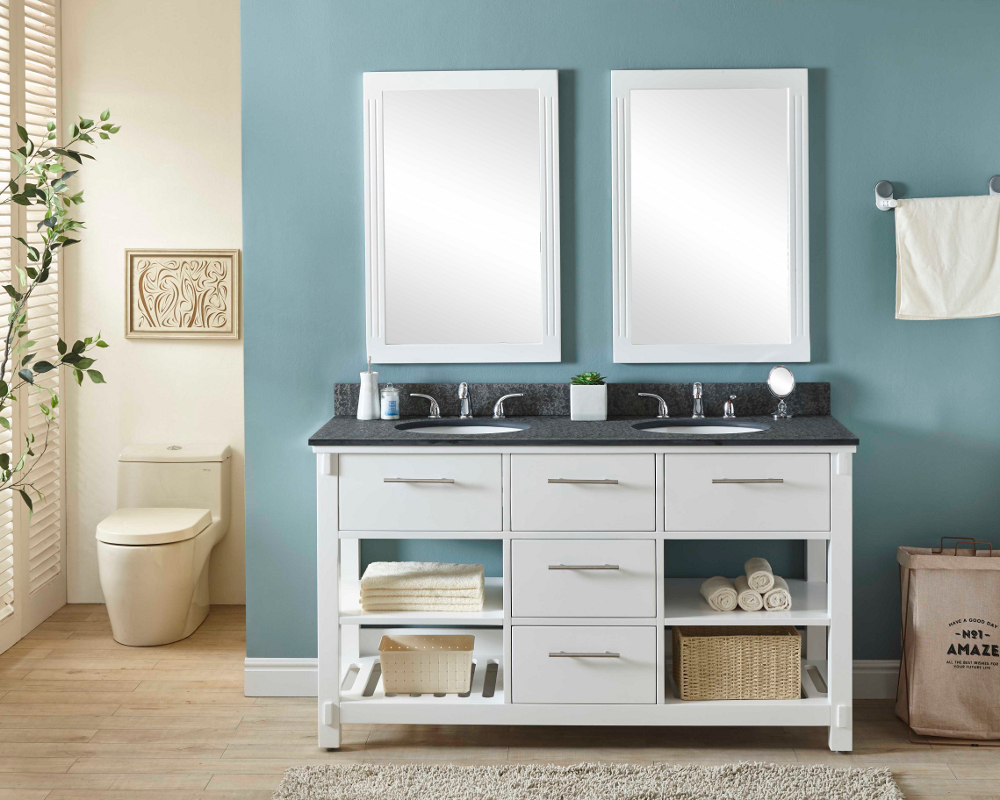 60" Double Sink Bathroom Vanity in White Finish with Polished Textured Surface Granite Top - No Faucet