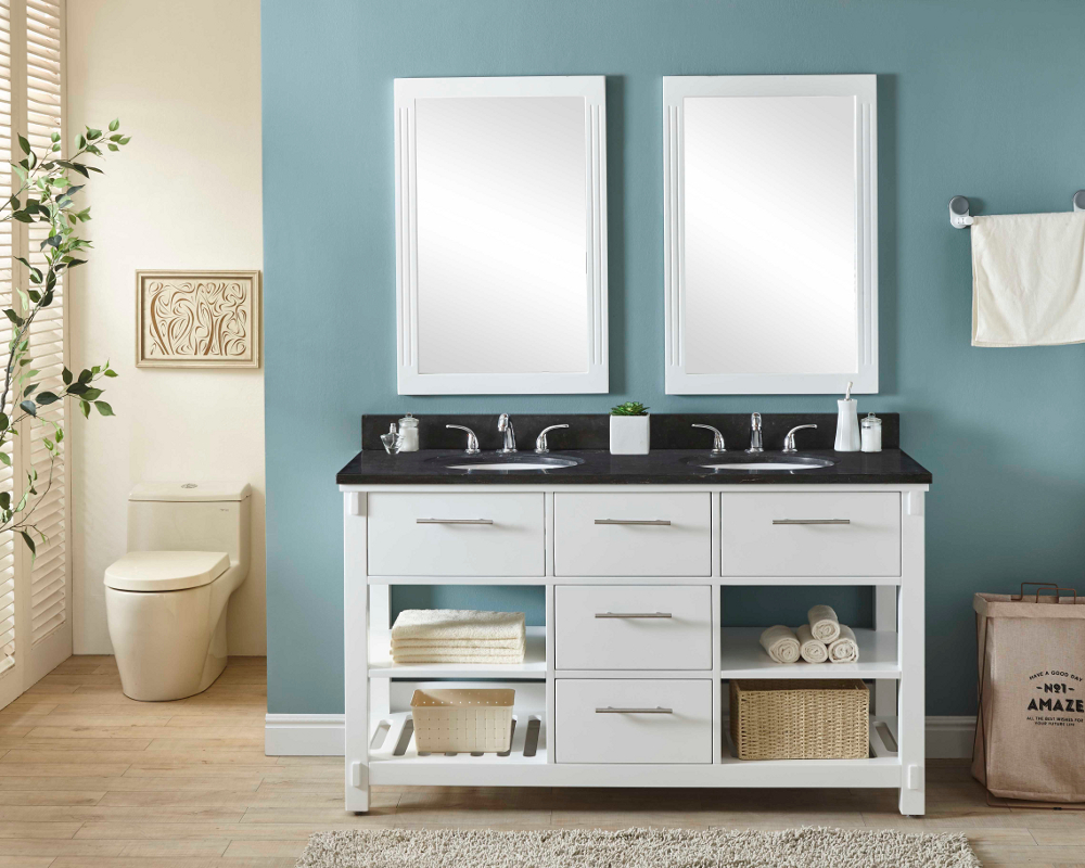 60" Double Sink Bathroom Vanity in White Finish with Limestone Top - No Faucet