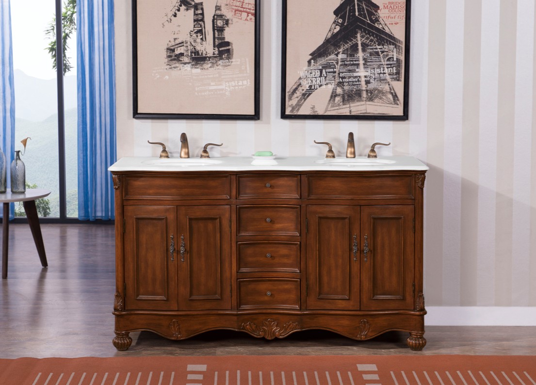 60 inch Double Bathroom Vanity in Teak with Ivory White Marble