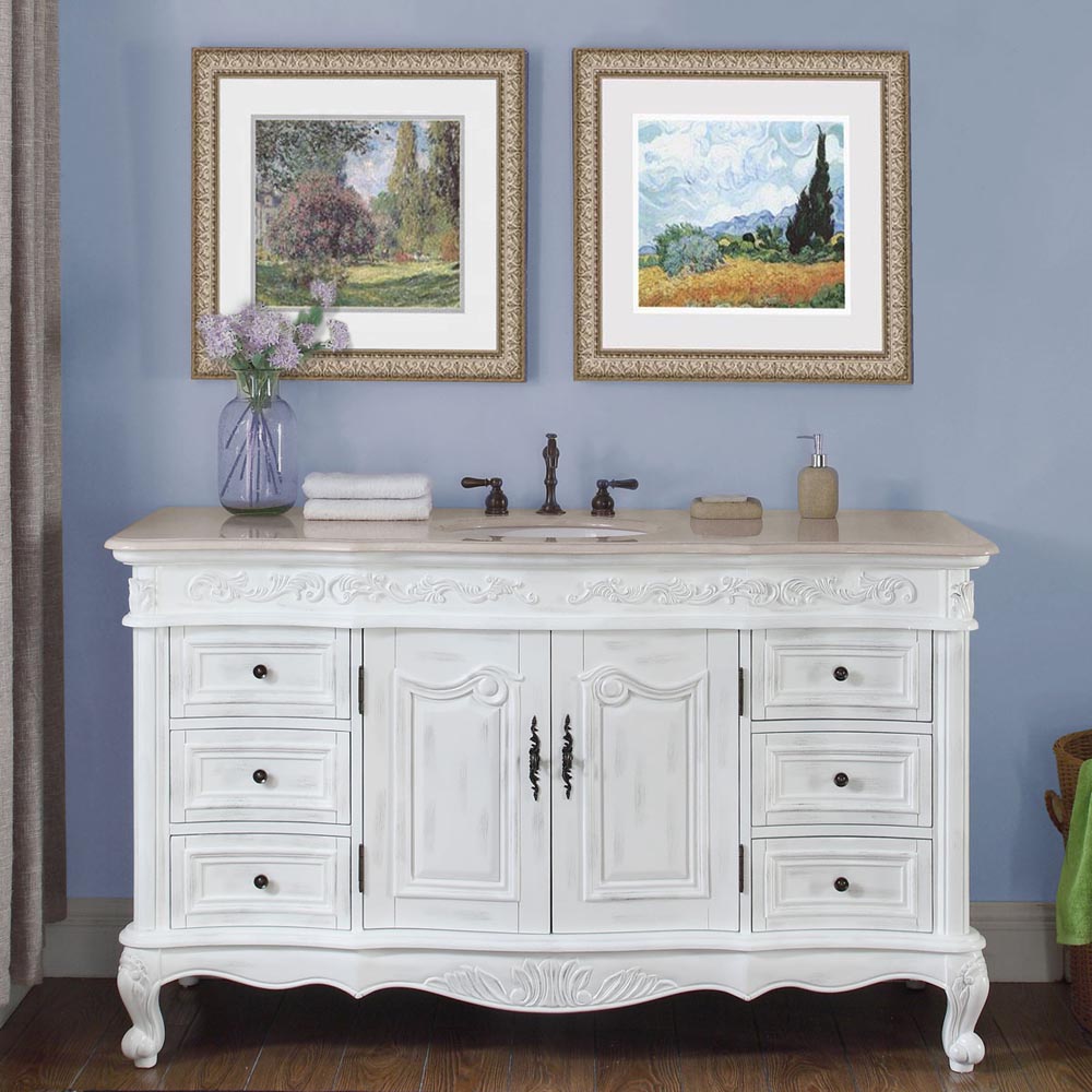 Adelina 60" White Traditional Style Single Sink Bathroom Vanity with Creme Marfil Marble Countertop 