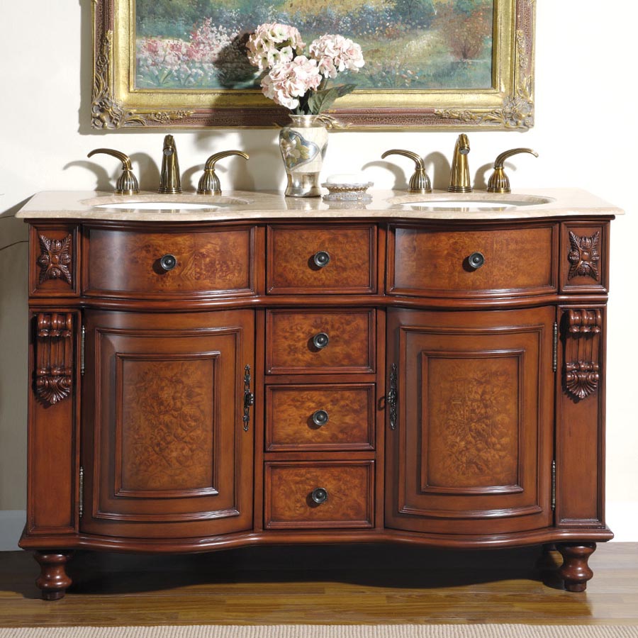 55" Double Sink Cabinet Antique - Crema Marfil Top, Undermount Ivory Ceramic Sinks 