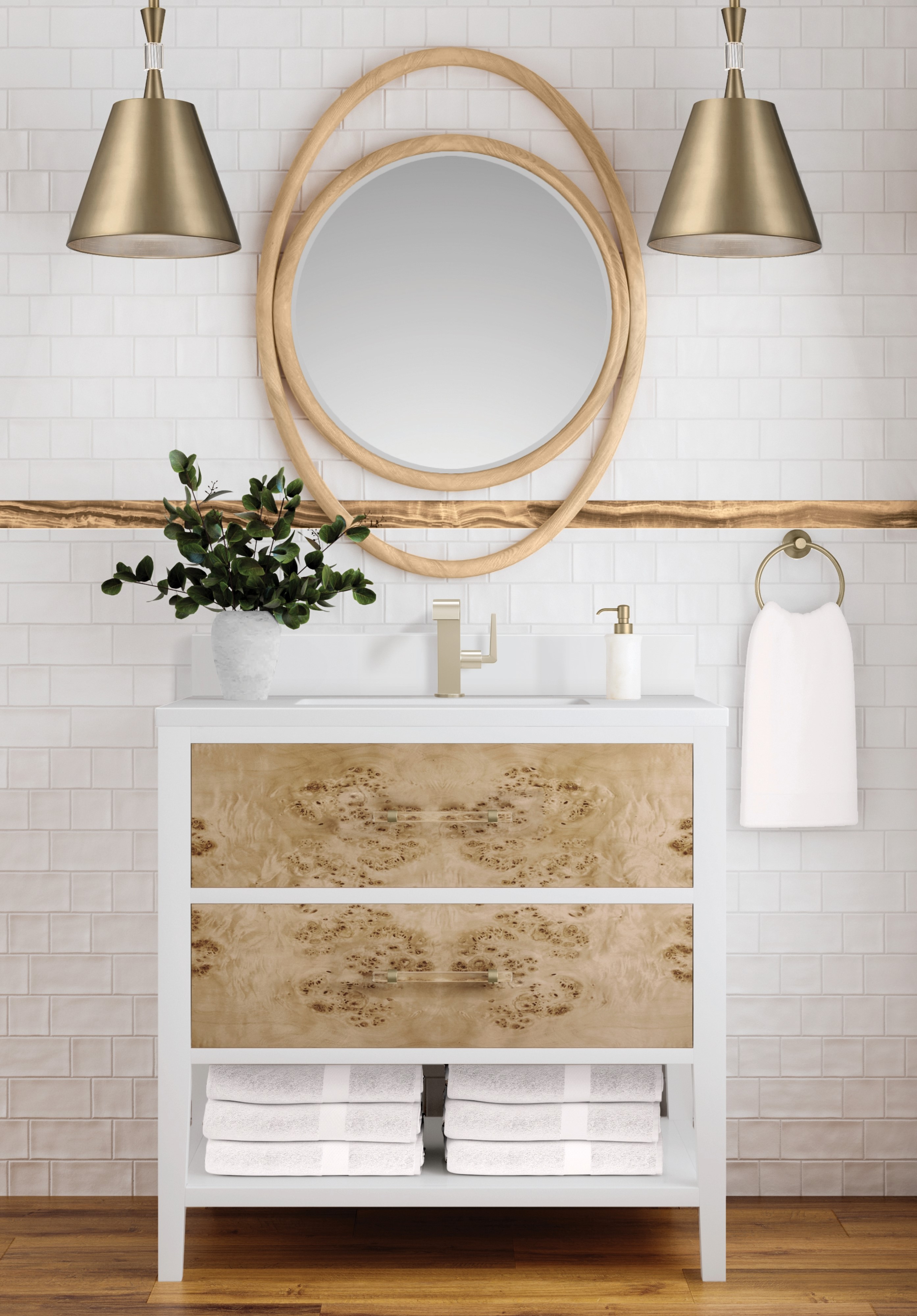 James Martin Olena 36" Single Vanity, Light Mappa Burl and Polished White