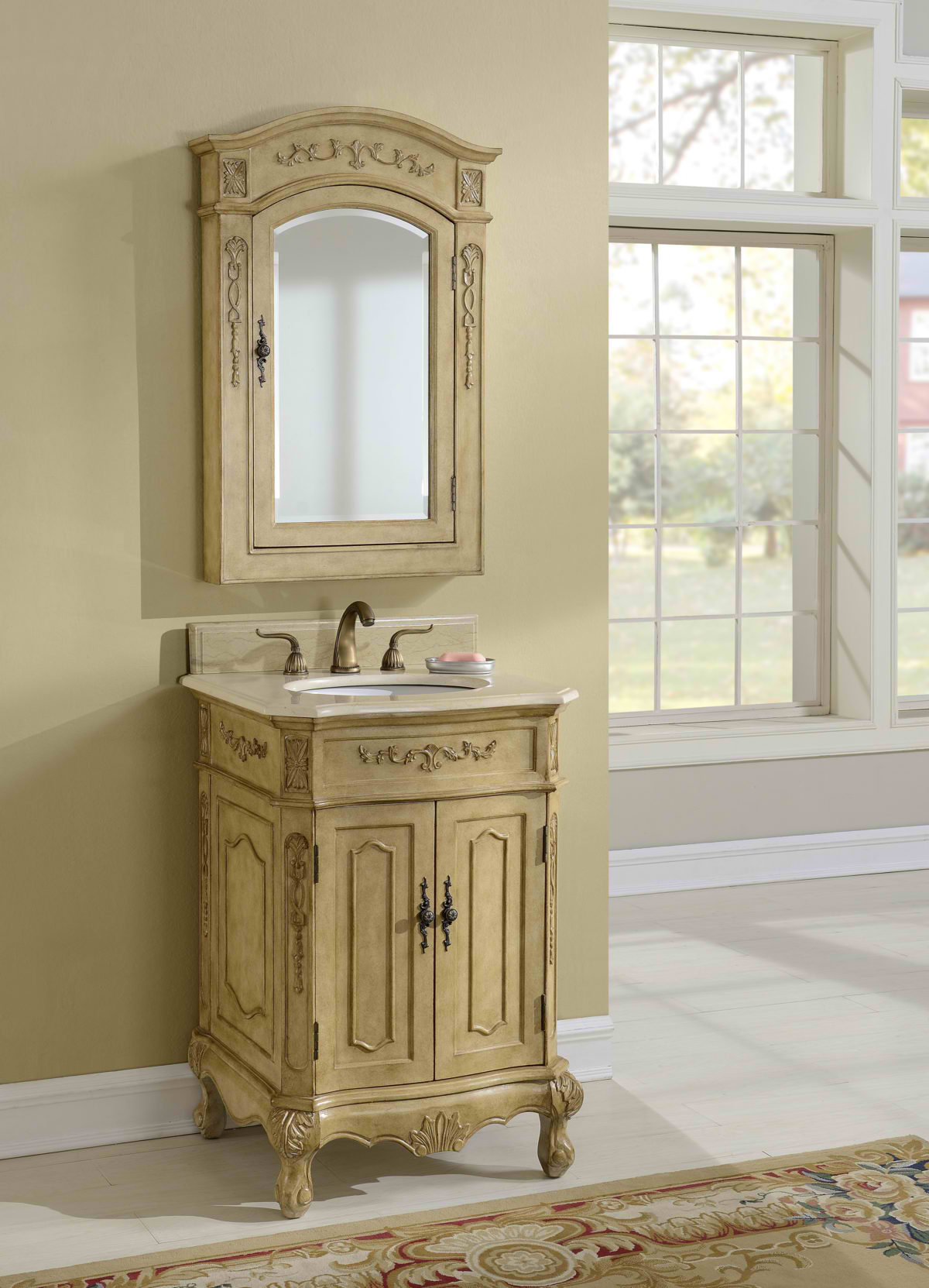 24" Antique Tan Finish Vanity with Mirror, Med Cab, and Linen Cabinet Options