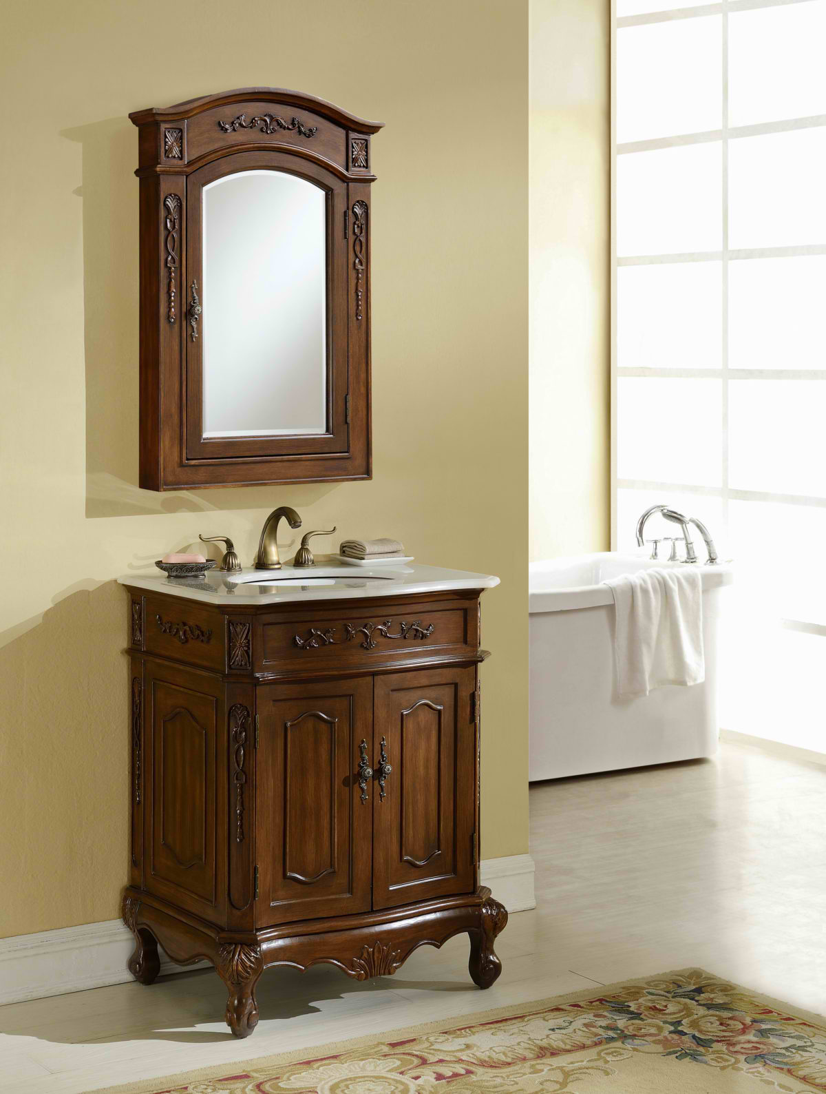 27" Antique Deep Chestnut Finish Vanity with Mirror, Med Cab, and Linen Cabinet Options