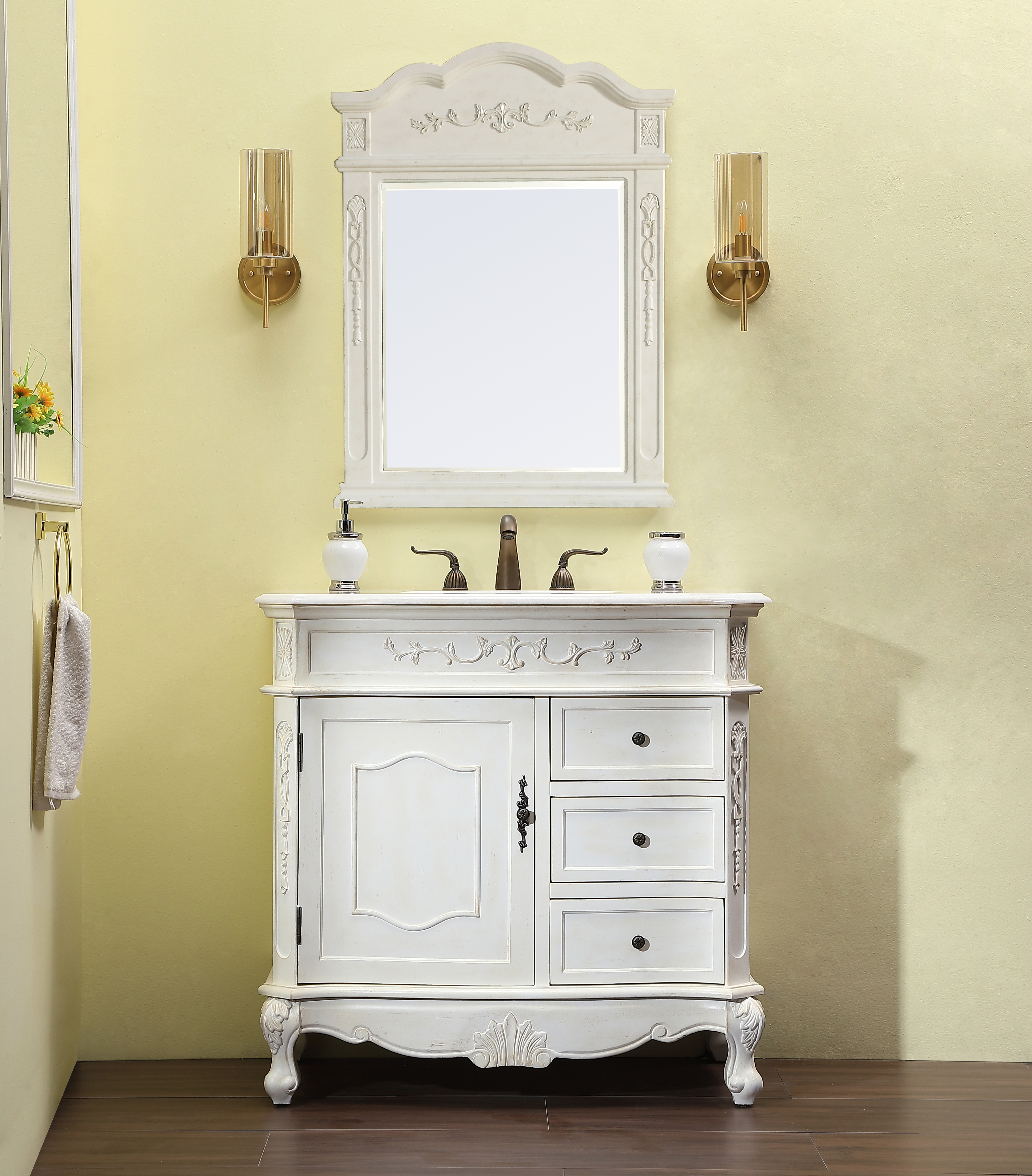 36" Antique White Finish Vanity with Mirror, Med Cab, and Linen Cabinet Options 