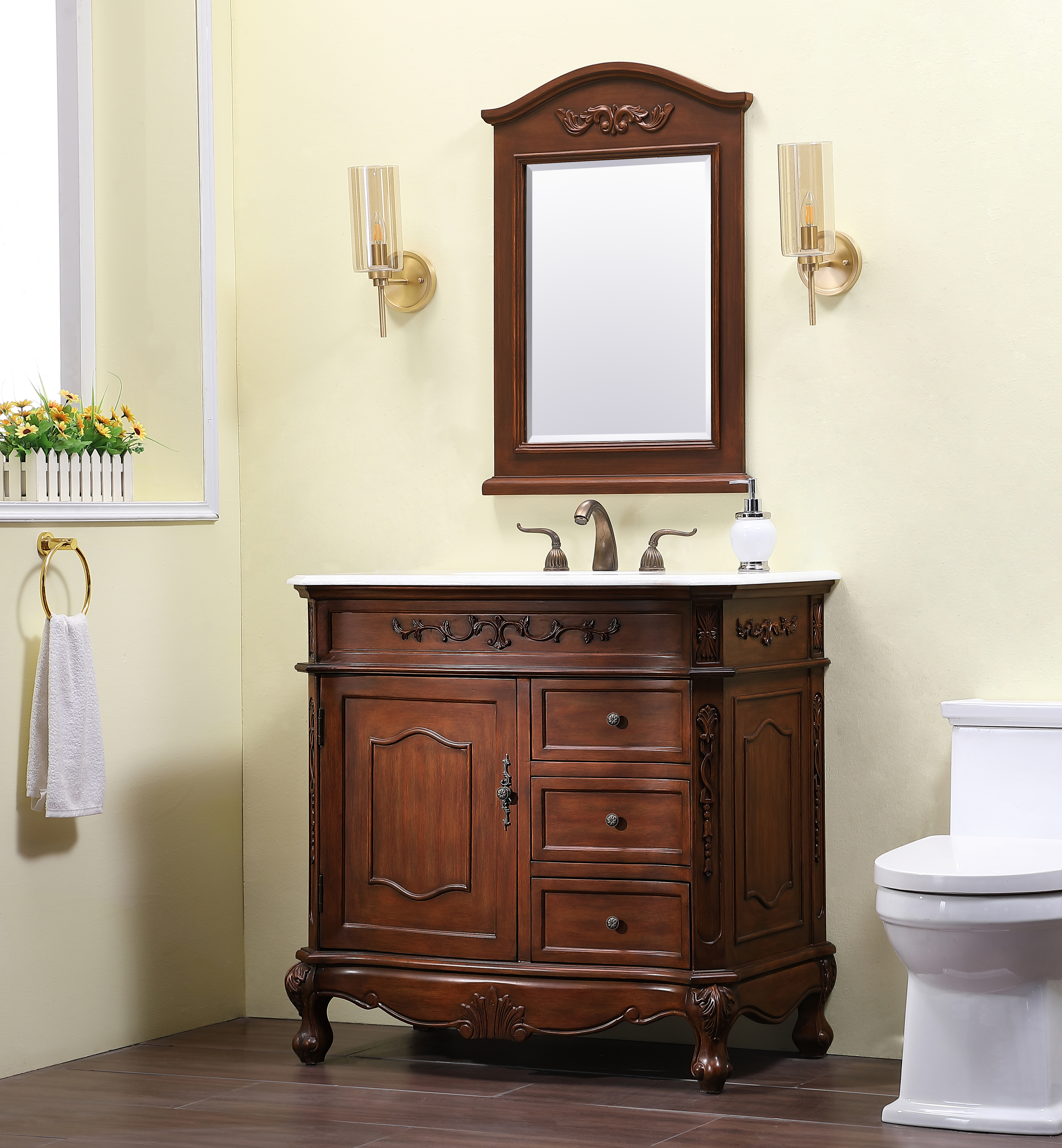 36" Antique Deep Chestnut Finish Vanity with Mirror, Med Cab, and Linen Cabinet Options