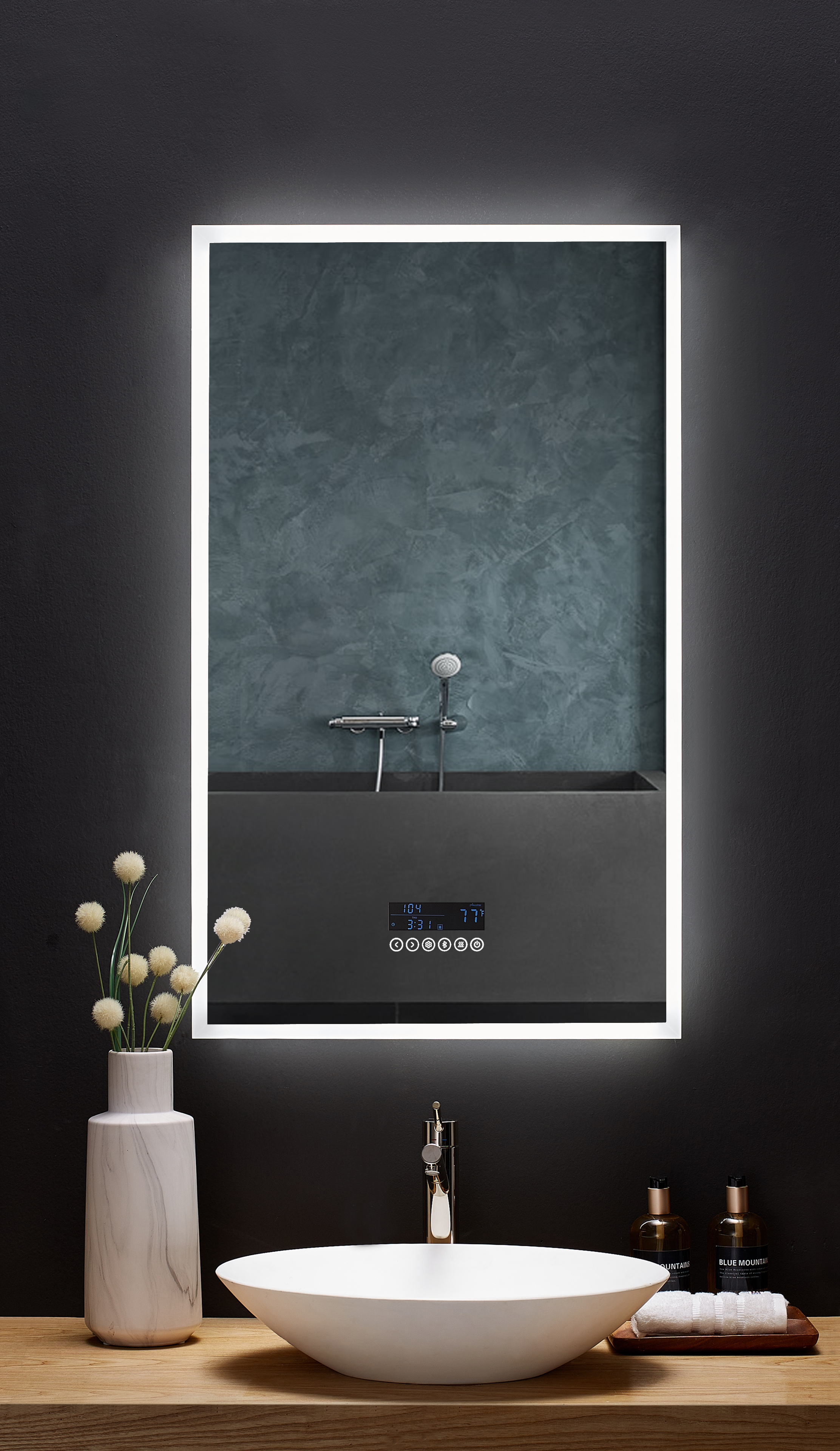 24 in. x 40 in. LED Frameless Mirror with Bluetooth, Defogger and Digital Display