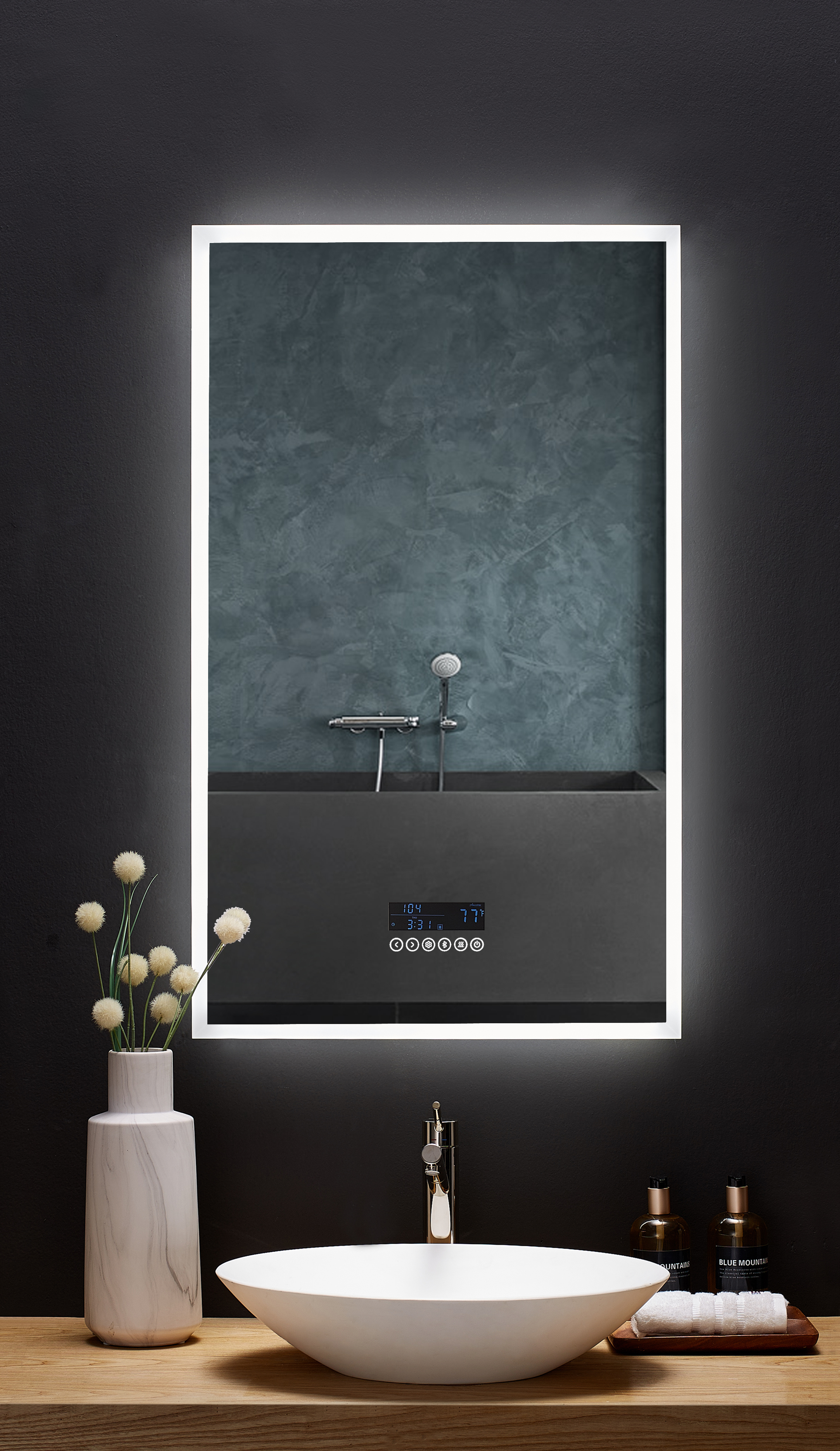 24 in. x 40 in. LED Frameless Mirror with Bluetooth, Defogger and Digital Display 24 in. x 40 in. LED Frameless Mirror with Bluetooth, Defogger and Digital Display