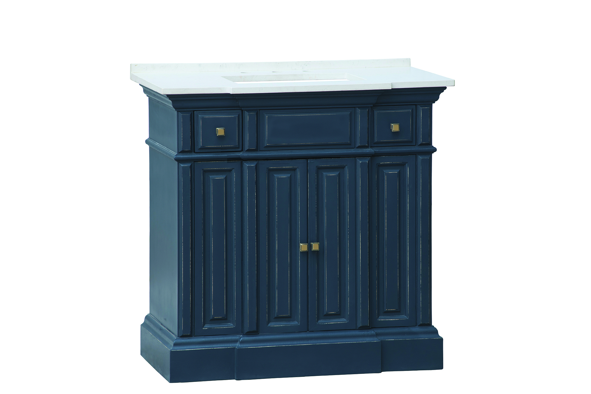 Nantucket 36" Single Sink White with Grey Veining Top with Distressed Navy Blue Finish