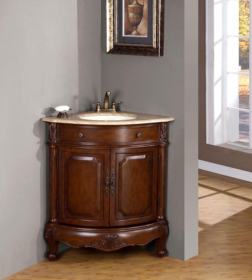 32" Single Corner Sink Cabinet - Travertine, Undermount White Ceramic Sink (4"-center)