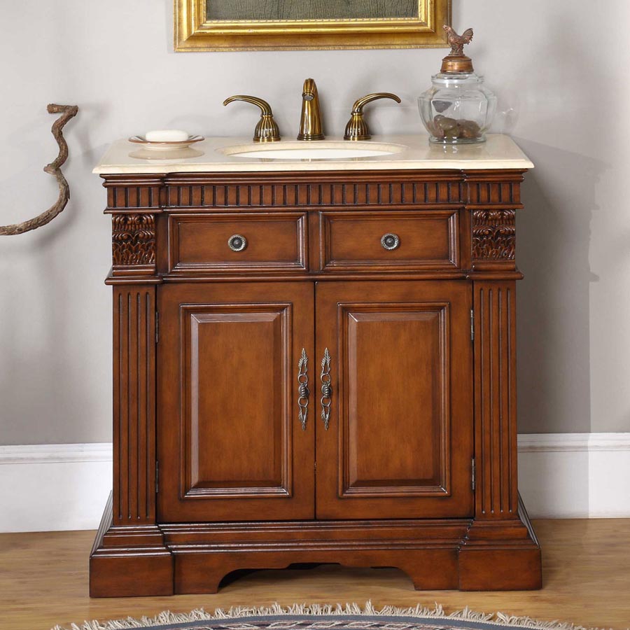 36" Single Sink Cabinet - Crema Marfil Marble Top, Undermount Ivory Ceramic Sinks (3-hole)