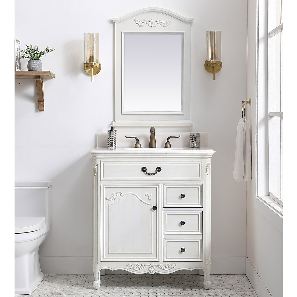 32" Antique White Finish with Cream Marble Top and Matching Mirror Option
