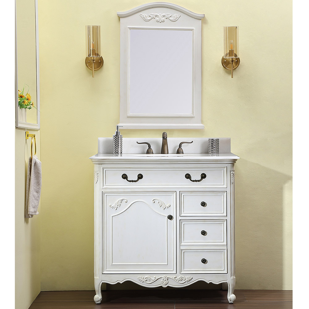 36" Antique White with Imperial White Marble Top with Mirror Options