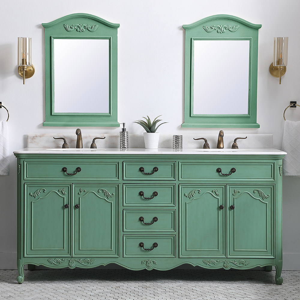 60" Mint Green Finish Double Sink Vanity with Cream Marble Counter Top with Mirror Options