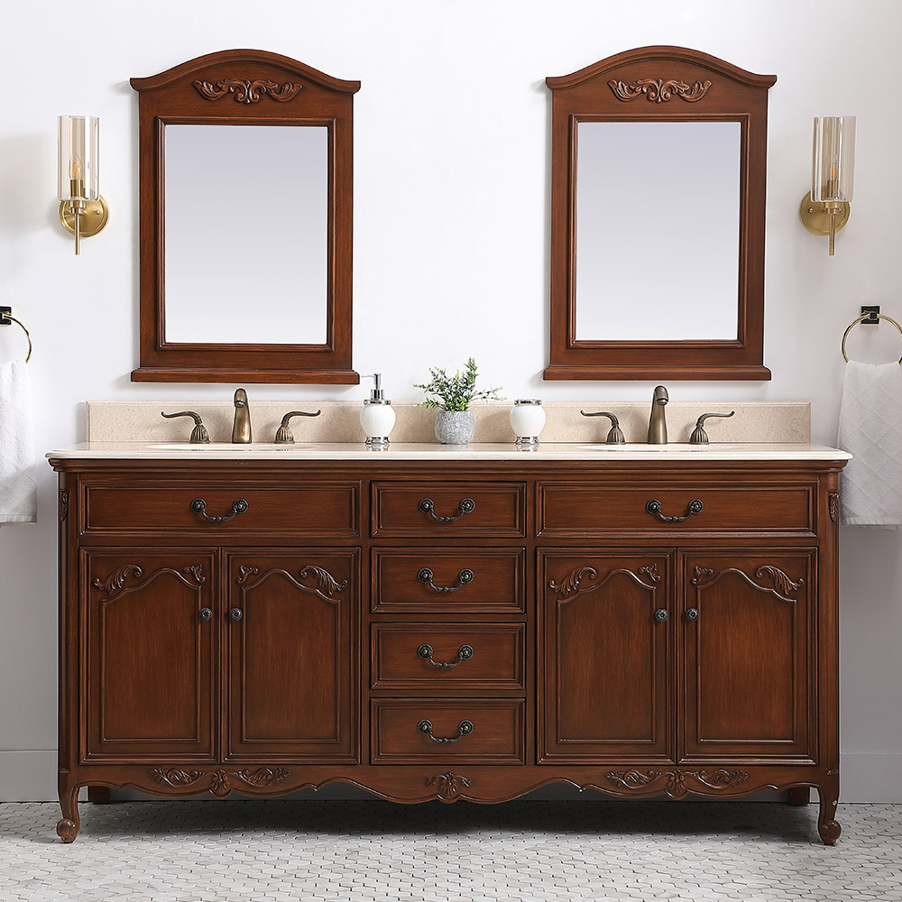 72" Antique Teak Finish Double Sink Vanity with Cream Marble Counter Top with Mirror Options