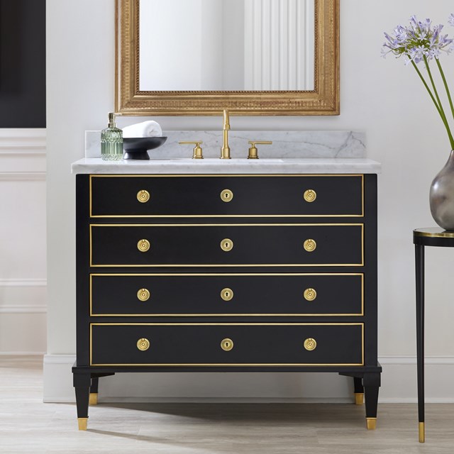 Ebonized Classical 42" Ebony Painted Finish Vanity with White Carrara Marble and Solid Brass Hardware Ebonized Classical 42" Ebony Painted Finish Vanity with White Carrara Marble and Solid Brass Hardware