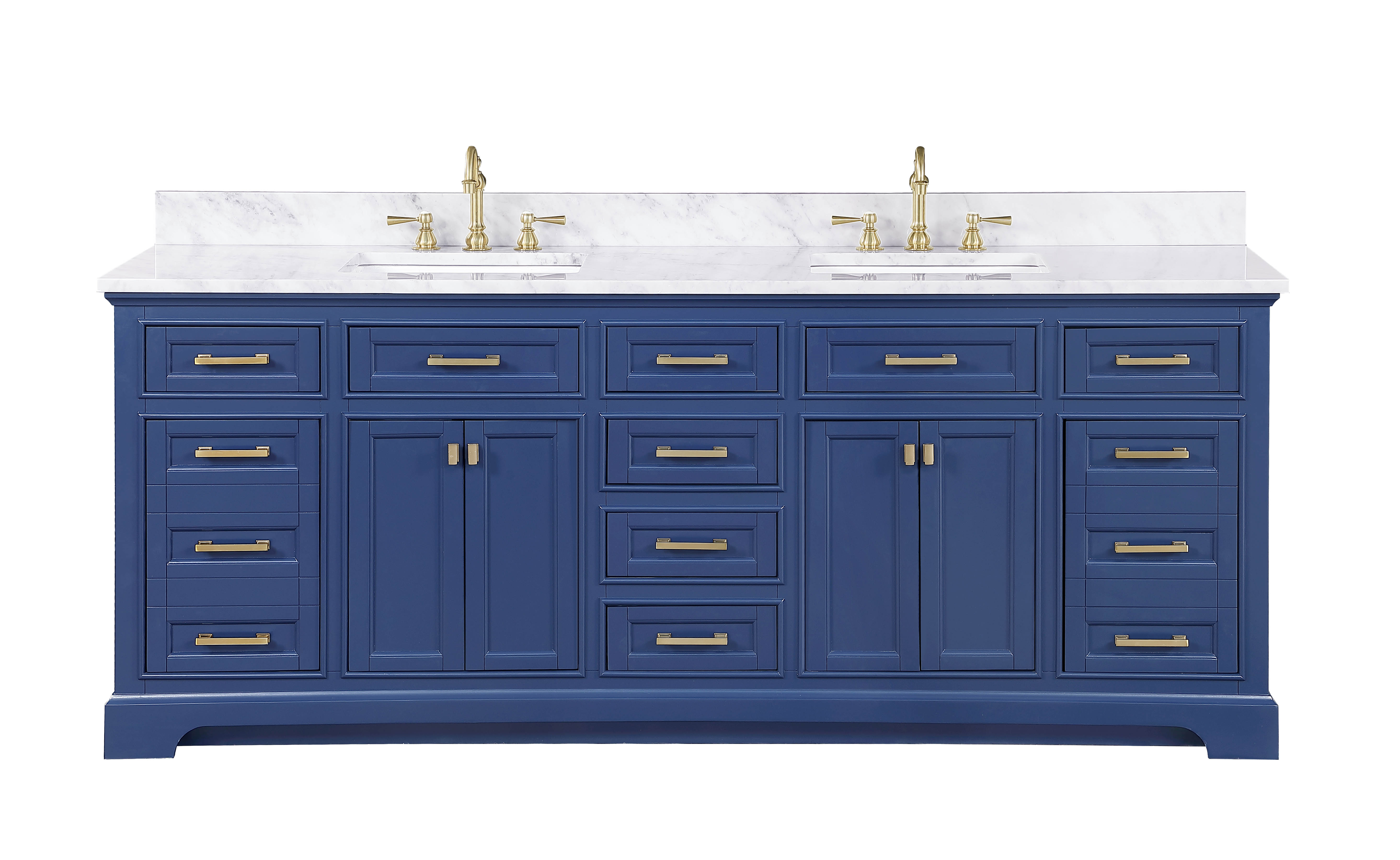Transitional 84" Double Sink Vanity with Carrara Marble Counterop in Blue Finish