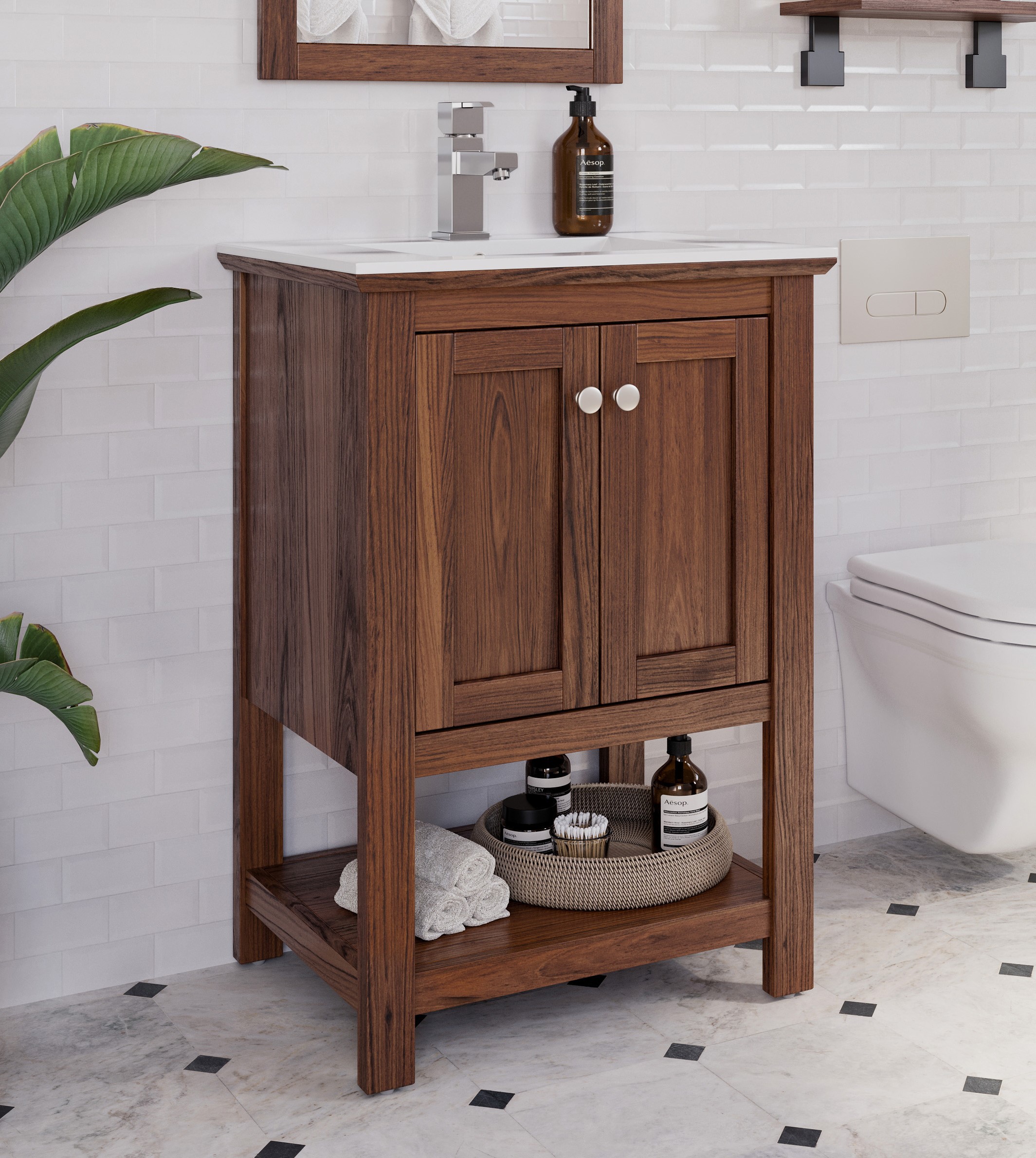 24" Warm Walnut Traditional Bathroom Cabinet with Top & Sink 24" Warm Walnut Traditional Bathroom Cabinet with Top & Sink