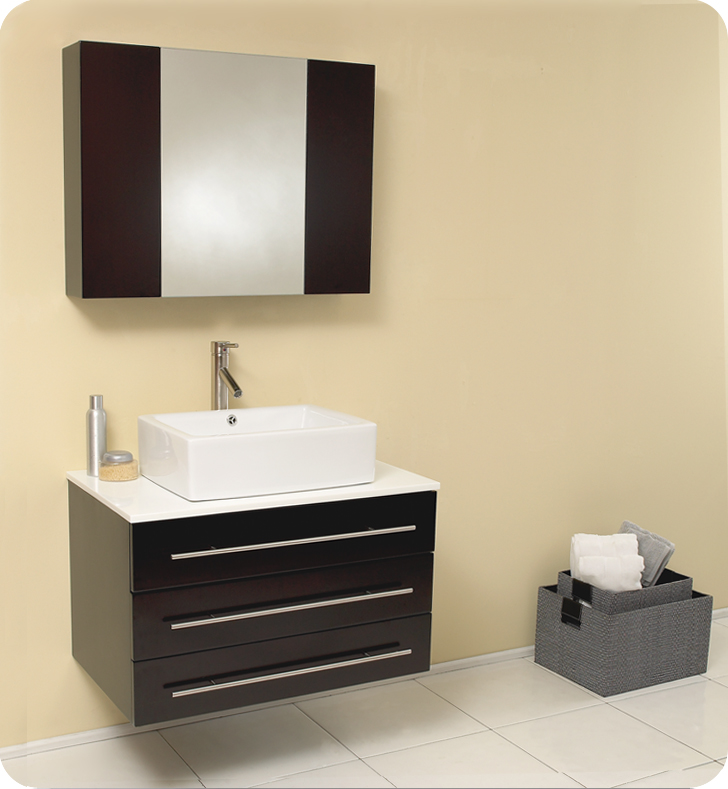 32" Espresso Modern Bathroom Vanity with Top, Faucet and Linen Side Cabinet Option