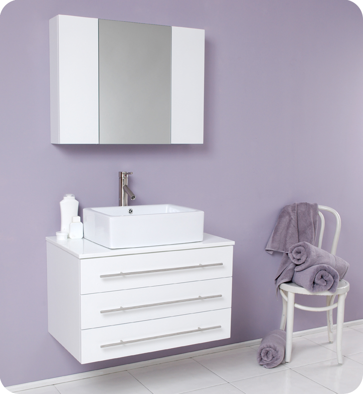 32" White Modern Bathroom Vanity with Faucet and Linen Side Cabinet Option
