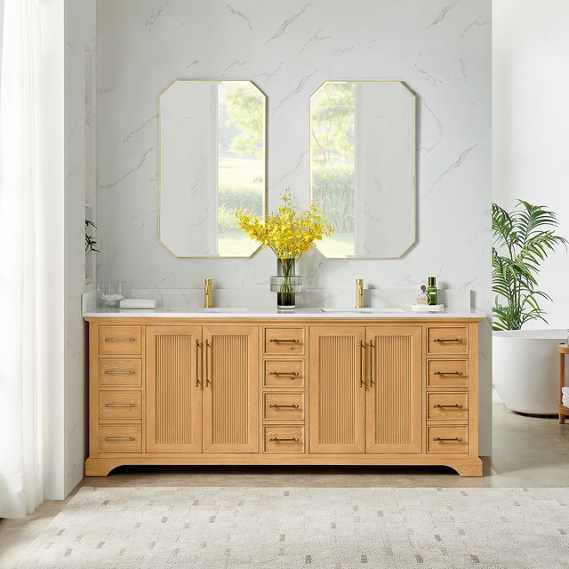 Issac Edwards 84" Freestanding Double Bath Vanity in Aged Oak with Silk White Quartz Stone Top and Mirror 