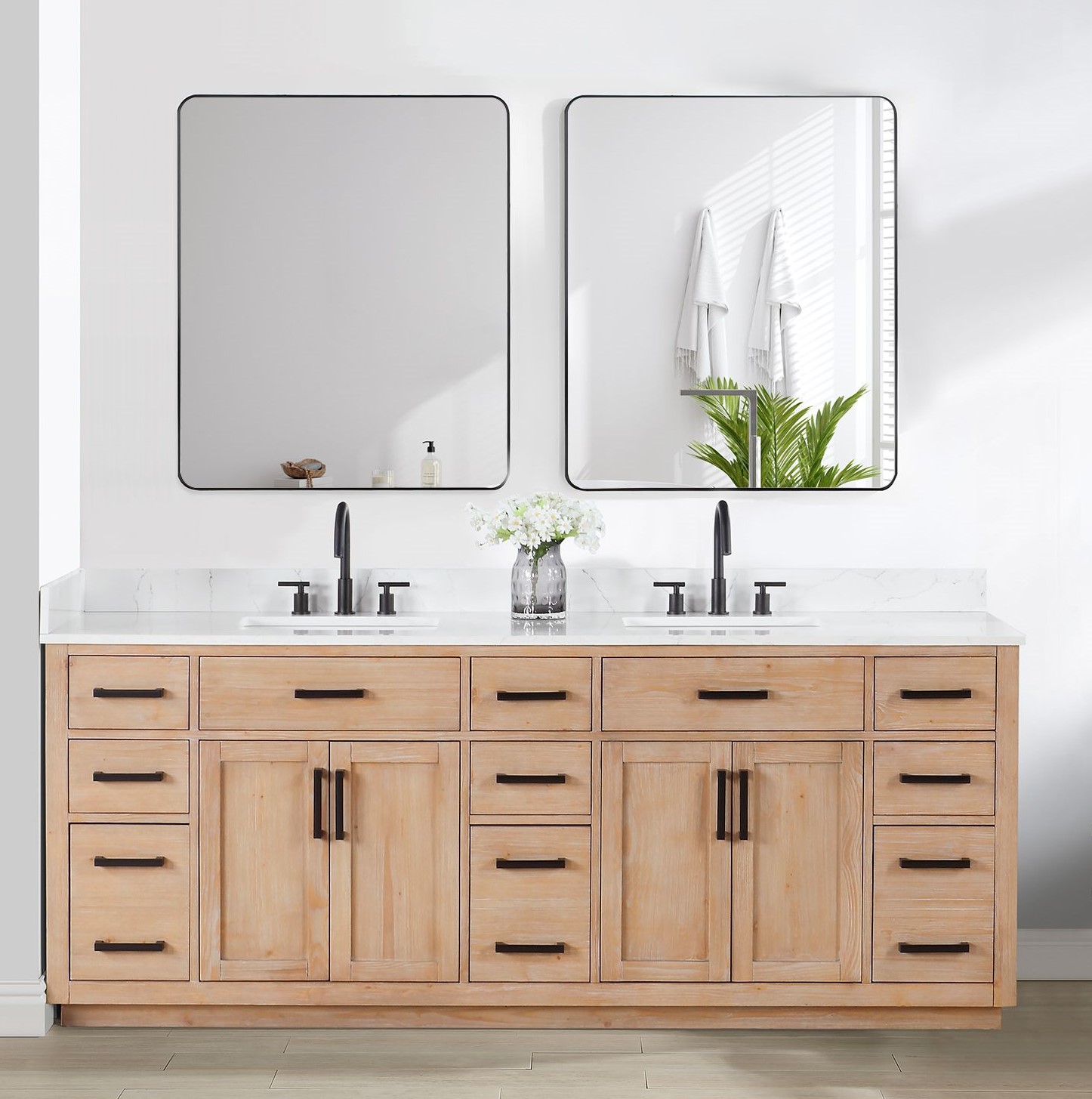 Issac Edwards 84" Double Bathroom Vanity in Light Brown with Grain White Composite Stone Countertop with Mirror