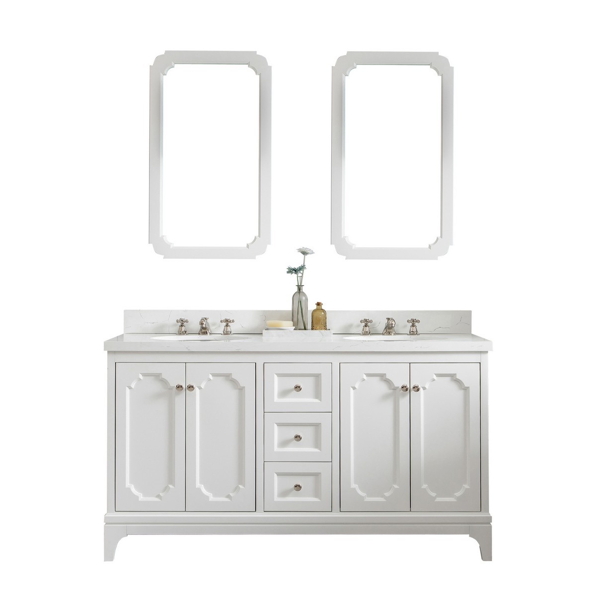 60" Double Sink Carrara White Quartz Countertop Vanity in Pure White with Mirror and Faucet Options