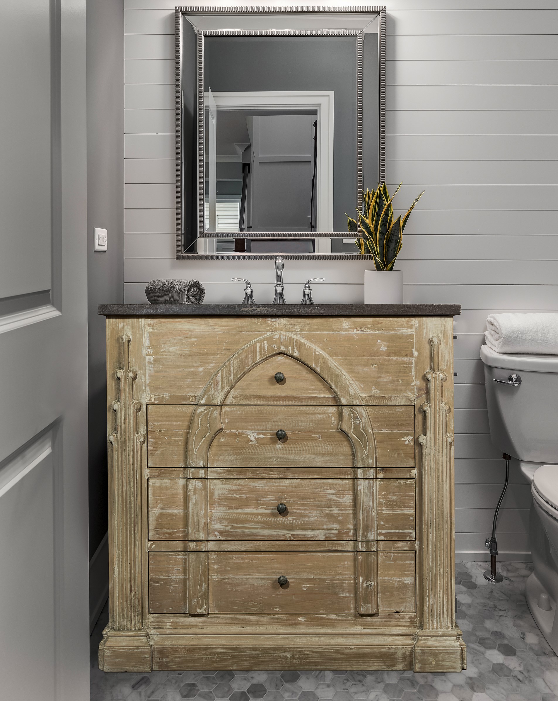 Remi Frank Design 36" Gothic Vanity Blue Stone Top Wash Finish with Matching Linen Cabinet Option