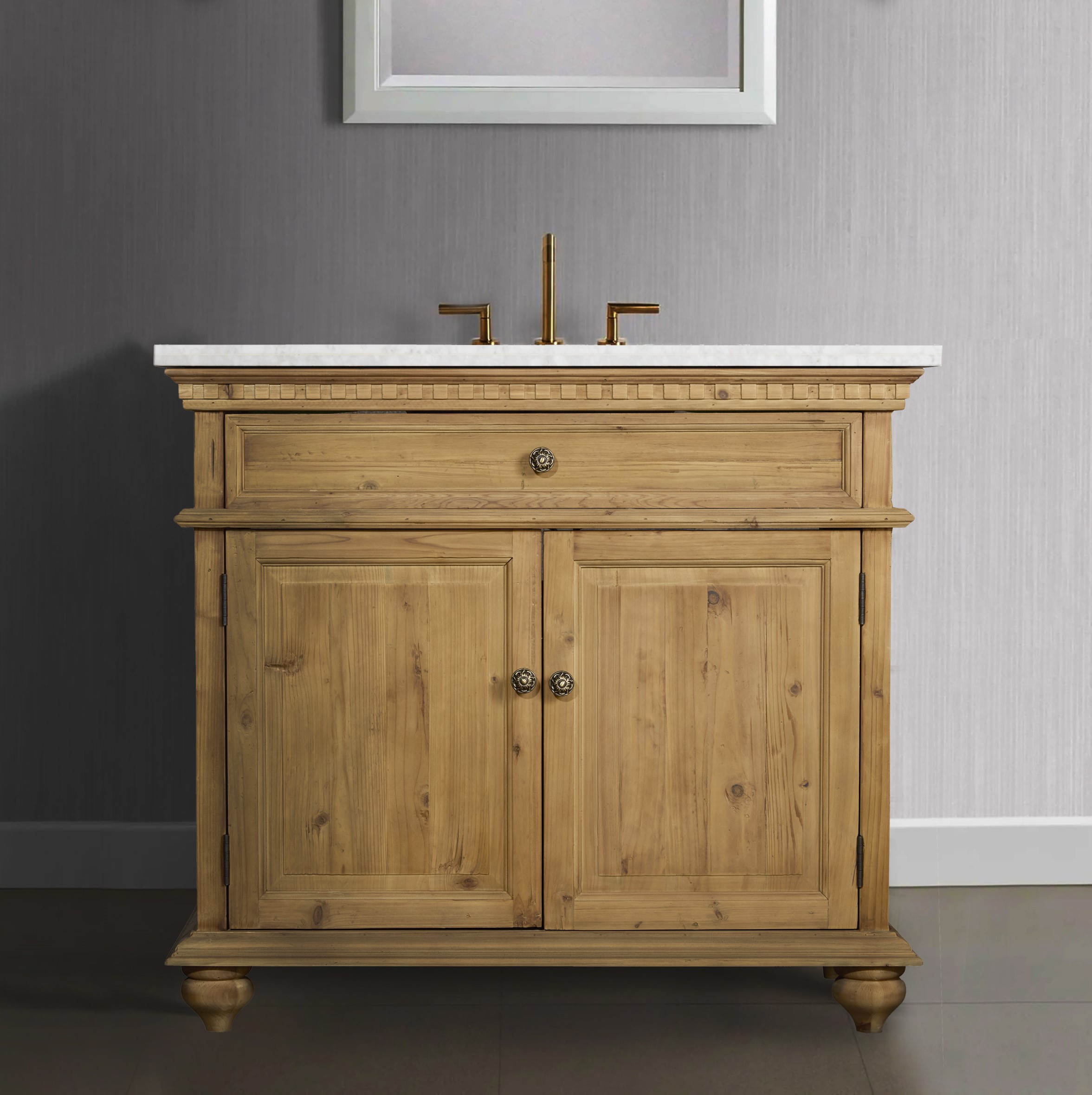 Remi Frank Design 40" Vanity White Marble Top Natural Finish with Matching Linen Cabinet Option