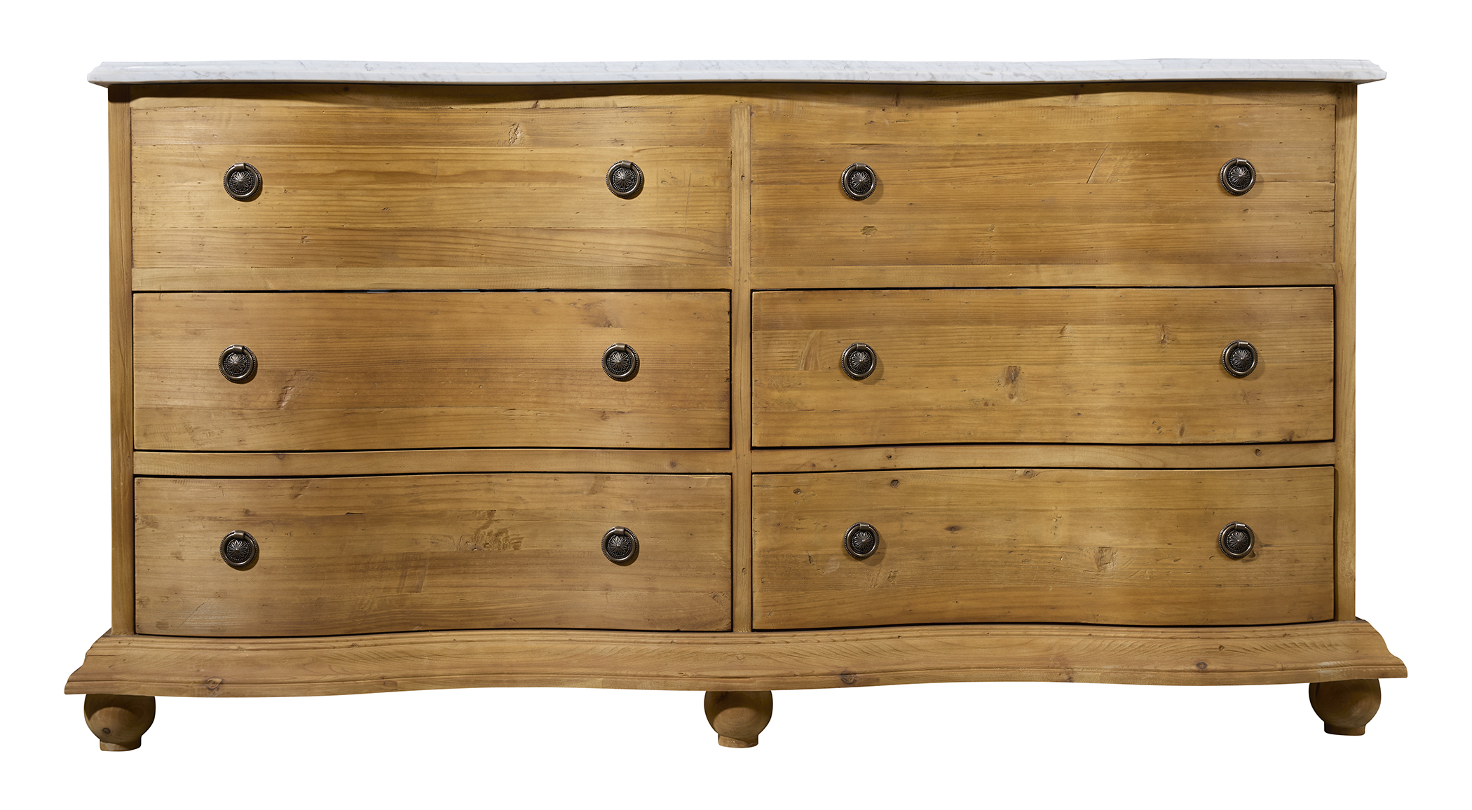 Remi Frank Design 71" Reclaimed Pine Double Serpentine Vanity in Natural Finish with White Marble Top Remi Frank Design 71" Reclaimed Pine Double Serpentine Vanity in Natural Finish with White Marble Top