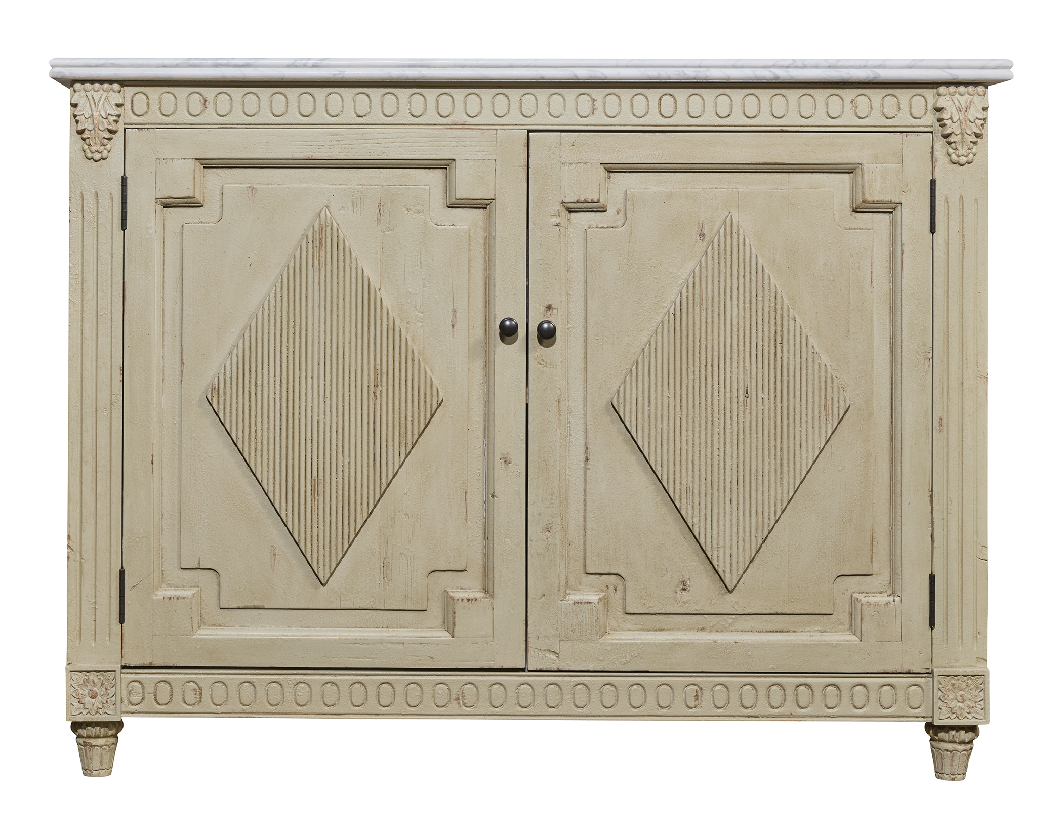 Remi Frank Design 48" Reclaimed Single Carved Vanity White Marble Top Heavy Antiqued Paint Finish Remi Frank Design 48" Reclaimed Single Carved Vanity White Marble Top Heavy Antiqued Paint Finish