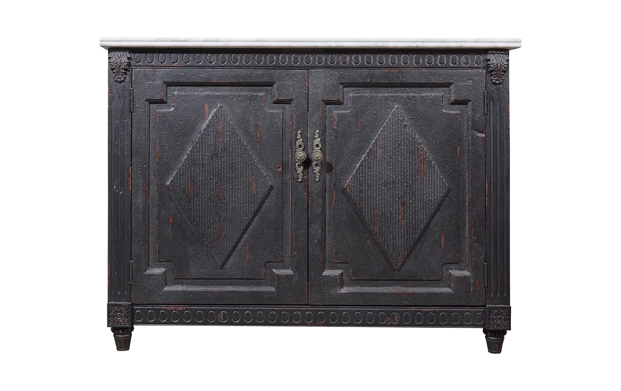 Remi Frank Design 48" Reclaimed Single Carved Vanity White Marble Top Heavy Antiqued Black Paint Finish Remi Frank Design 48" Reclaimed Single Carved Vanity White Marble Top Heavy Antiqued Black Paint Finish