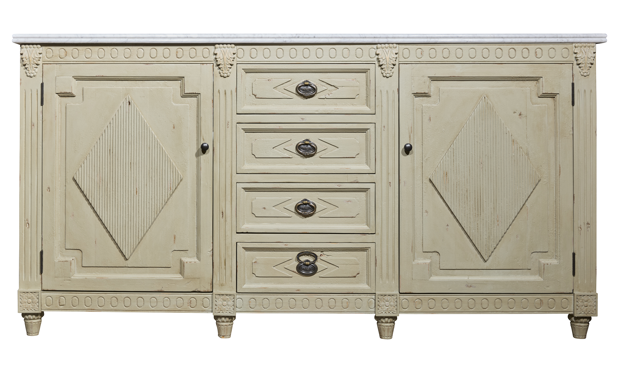 Remi Frank Design 71" Reclaimed Double Carved Vanity White Marble Top, Antiqued Cream Paint Finish Remi Frank Design 71" Reclaimed Double Carved Vanity White Marble Top, Antiqued Cream Paint Finish