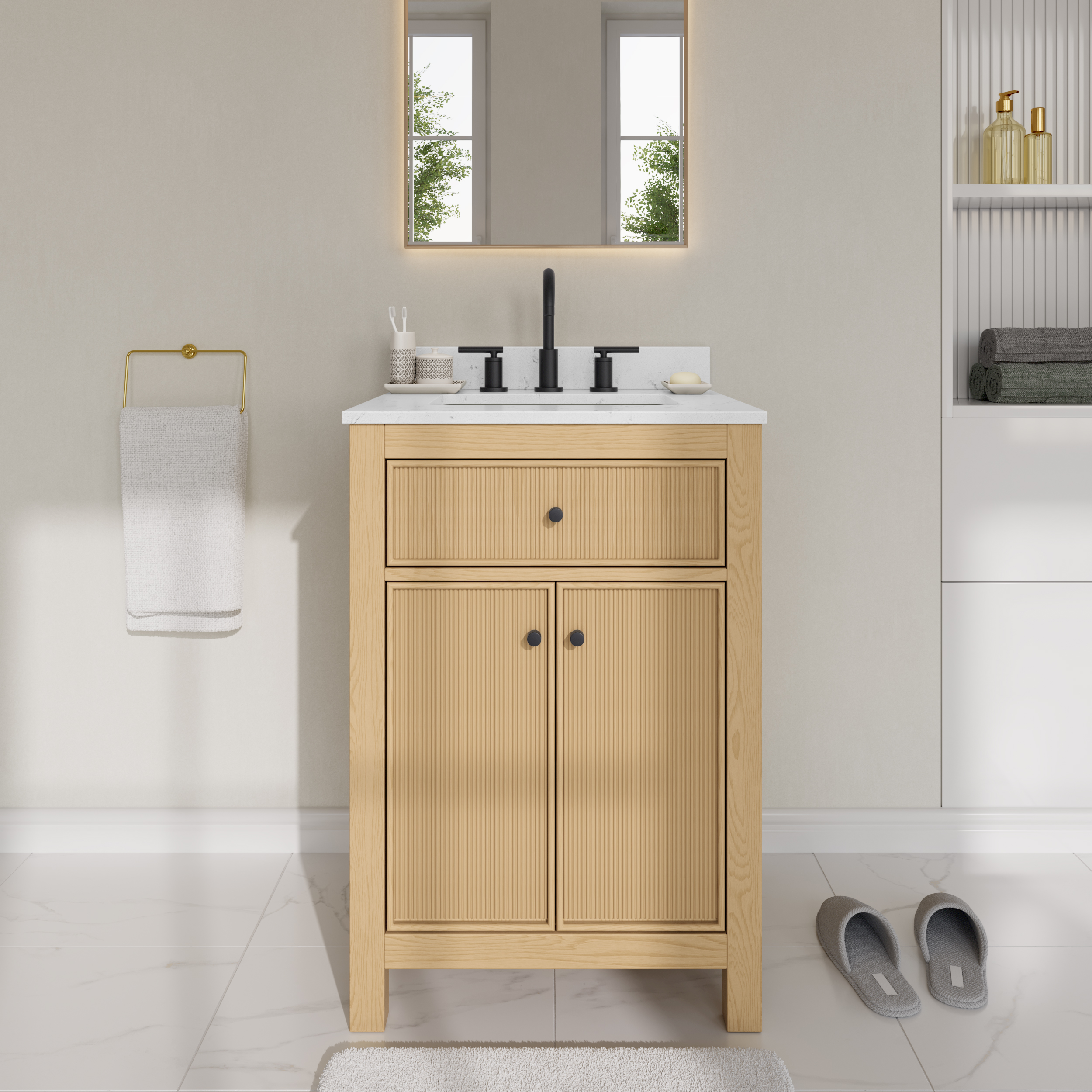 24 Inch Single Bathroom Vanity in Tanned Oak, Brushed Gold Trim with 3 Hardware Options and Countertop Options