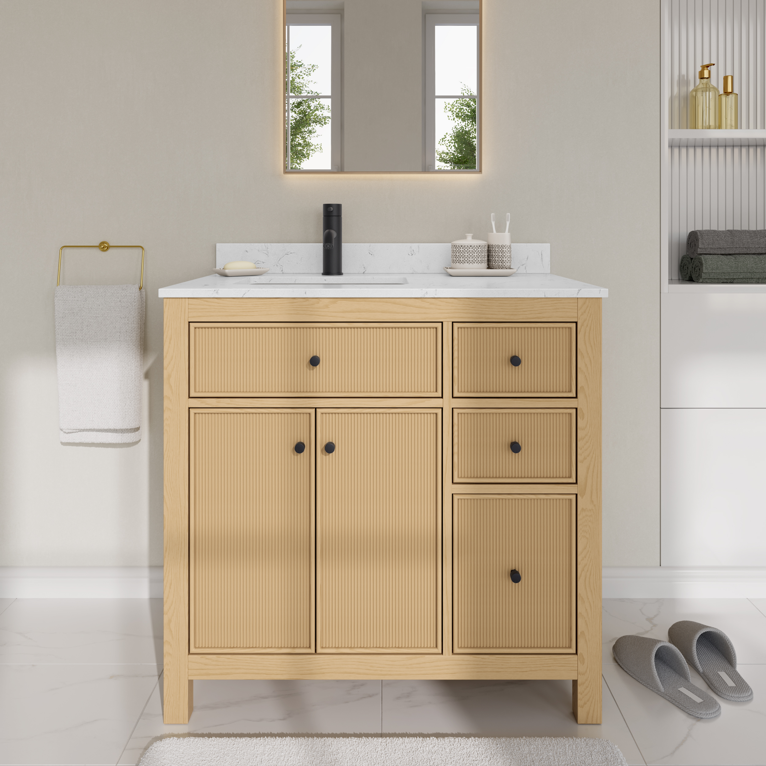 36 Inch Single Bathroom Vanity in Tanned Oak, Matte Black Trim with 3 Hardware Options and Countertop Options