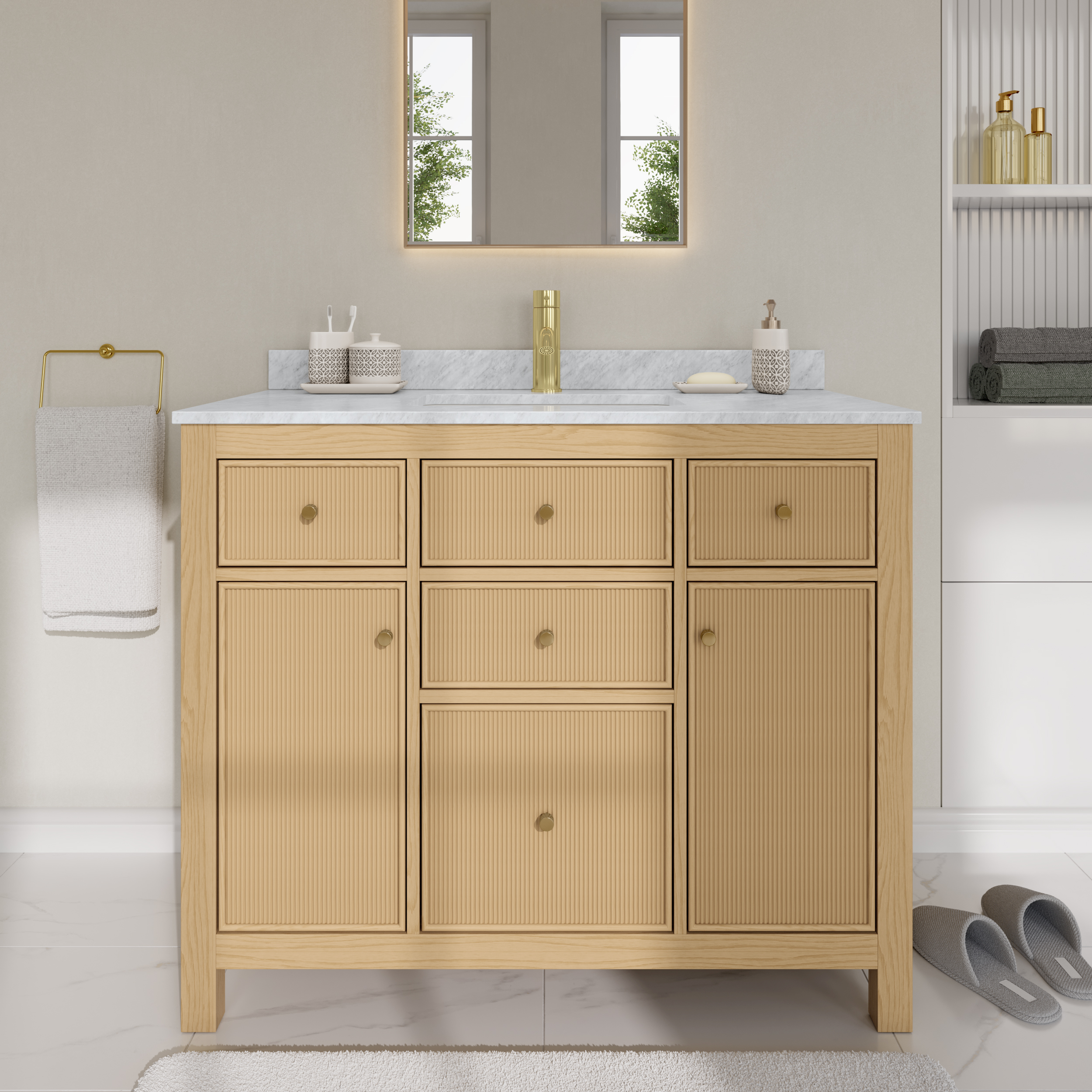 42 Inch Single Bathroom Vanity in Tanned Oak, Brushed Gold Trim with 3 Hardware Options and Countertop Options