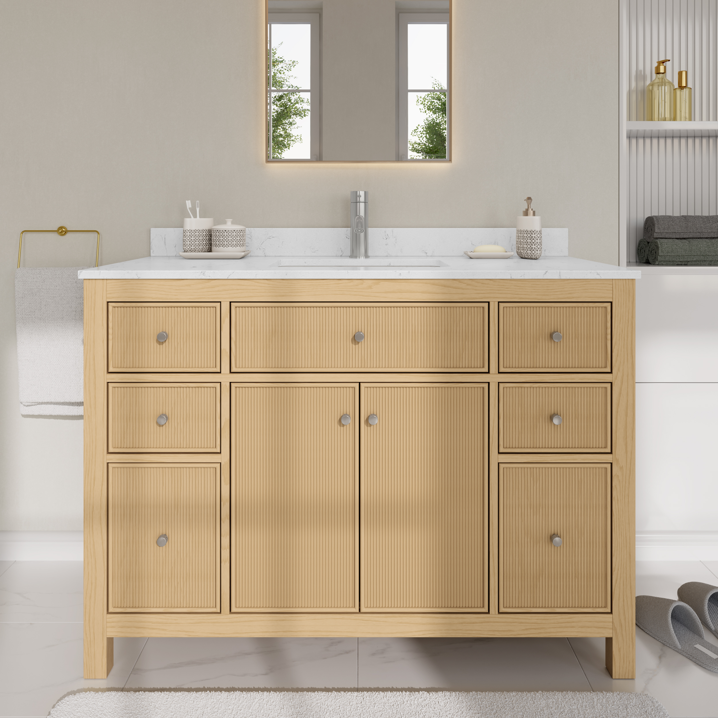 48 Inch Single Bathroom Vanity in Tanned Oak, Brushed Nickel Trim with 3 Hardware Options and Countertop Options