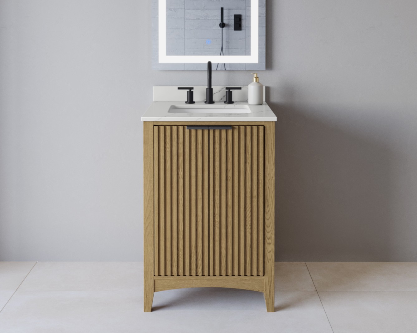 24 Inch Single Bathroom Vanity in Natural Oak, Matte Black Trim, with 3 Hardware Options and Countertop Options