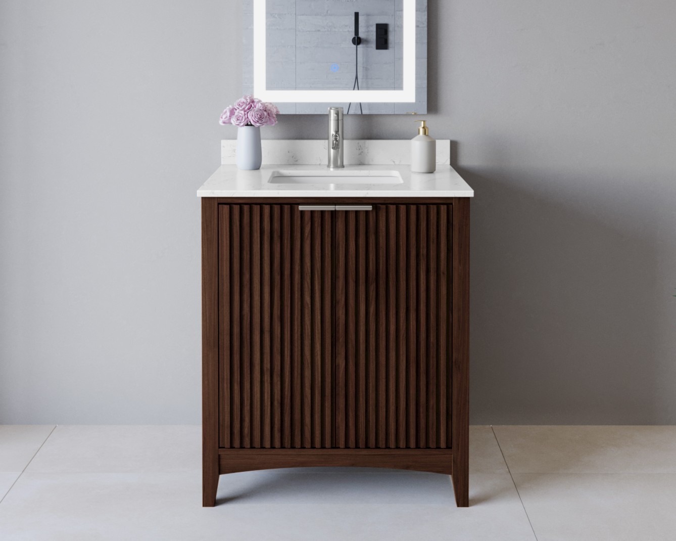 30 Inch Single Bathroom Vanity in Dark Walnut, Brushed Gold Trim, with 3 Hardware Options and Countertop Options 30 Inch Single Bathroom Vanity in Dark Walnut, Brushed Gold Trim, with 3 Hardware Options and Countertop Options