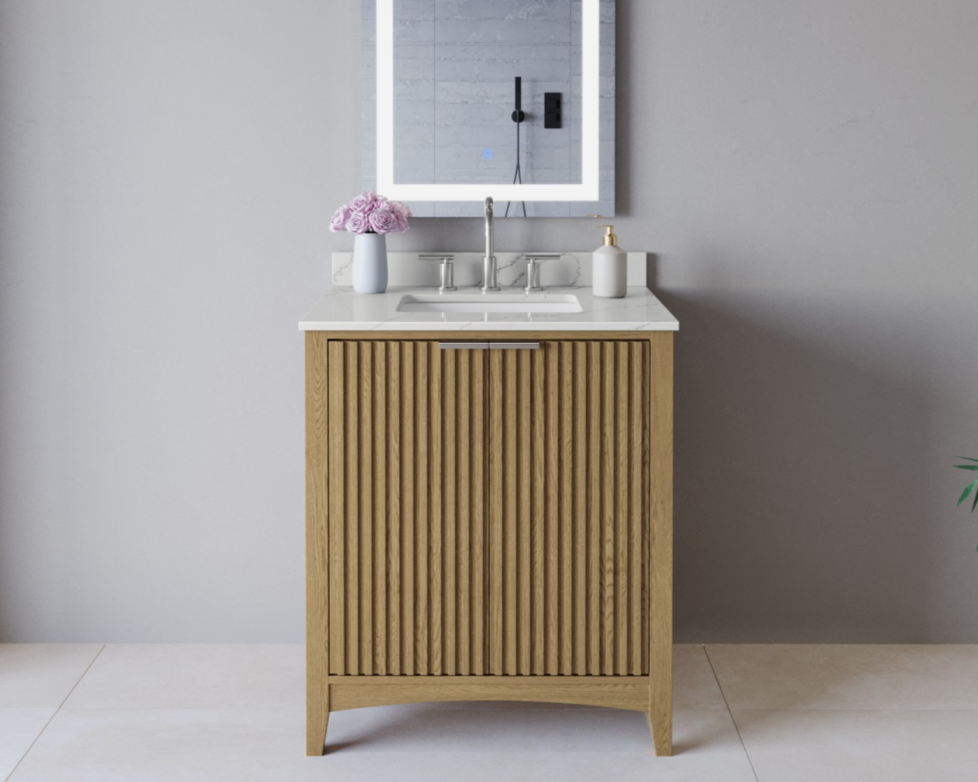 30 Inch Single Bathroom Vanity in Natural Oak, Brushed Nickel Trim, with 3 Hardware Options and Countertop Options 30 Inch Single Bathroom Vanity in Natural Oak, Brushed Nickel Trim, with 3 Hardware Options and Countertop Options