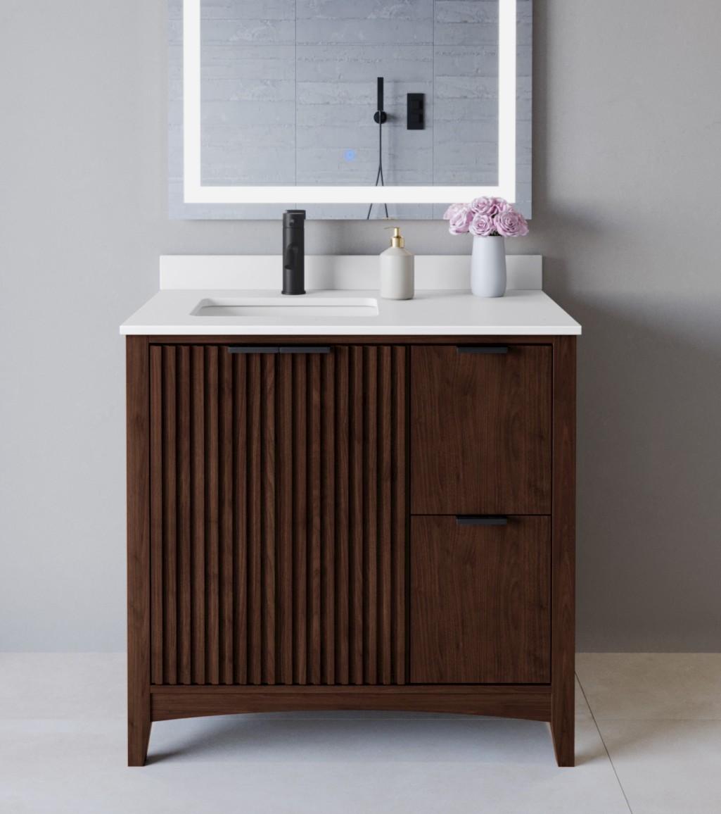 36 Inch Single Bathroom Vanity in Dark Walnut, Matte Black Trim with 3 Hardware Options and Countertop Options