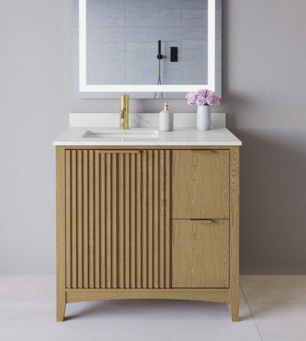 36 Inch Single Bathroom Vanity in Natural Oak, Brushed Gold Trim with 3 Hardware Options and Countertop Options