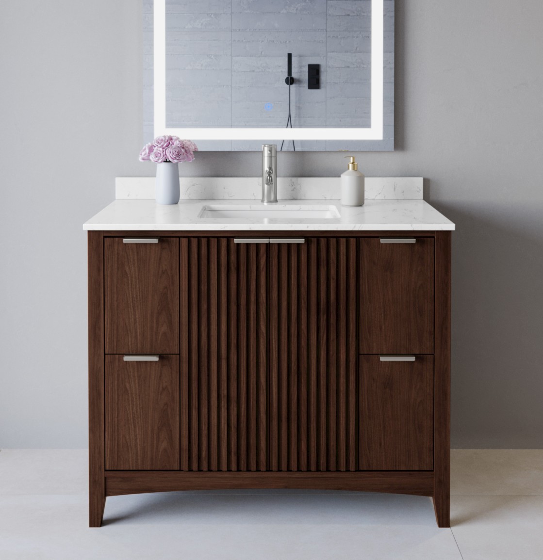 42 Inch Single Bathroom Vanity in Dark Walnut, Brushed Nickel Trim with 3 Hardware Options and Countertop Options